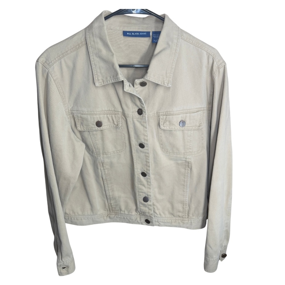 Bill Blass Y2K Beige Denim Jacket Women’s Large Button Front Pockets Fall